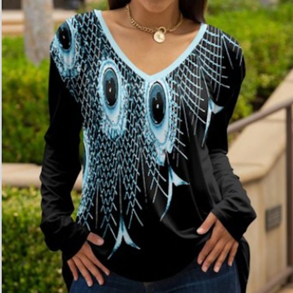 NEW SZ 1X/18W Lily Black & Aqua Peacock Long-Sleeve V-Neck Tunic - Women & Plus - Picture 1 of 7